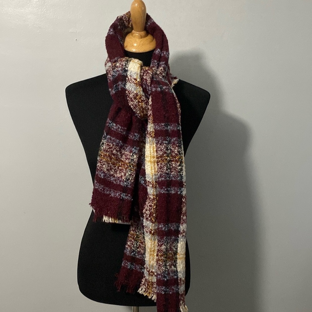 Blanket Scarf Red Wine Cream Denim Blue & Yellow NWT